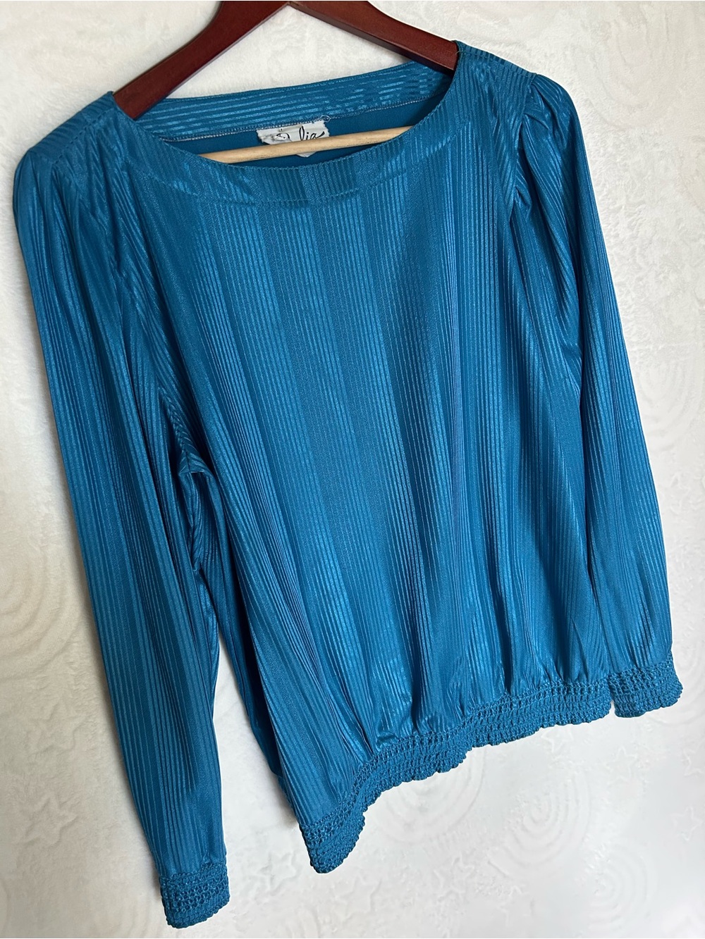 Vintage Dalia Teal Blue Pleated Long Sleeve Top with Smocked Hem